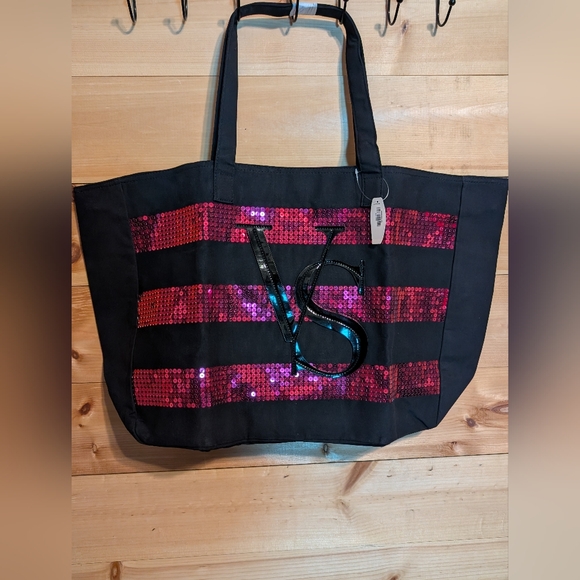 Victoria's Secret Handbags - Victoria's Secret Large Black Tote with Pink Sequins